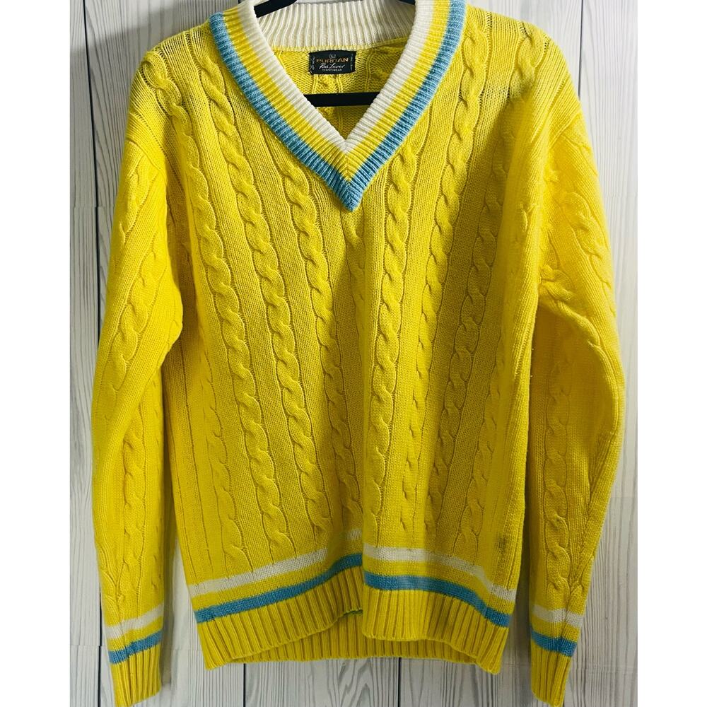 Vintage Puritan Sweater Pastel Yellow with White/Blue Trim Tennis Cricket Jumper - Picture 1 of 10